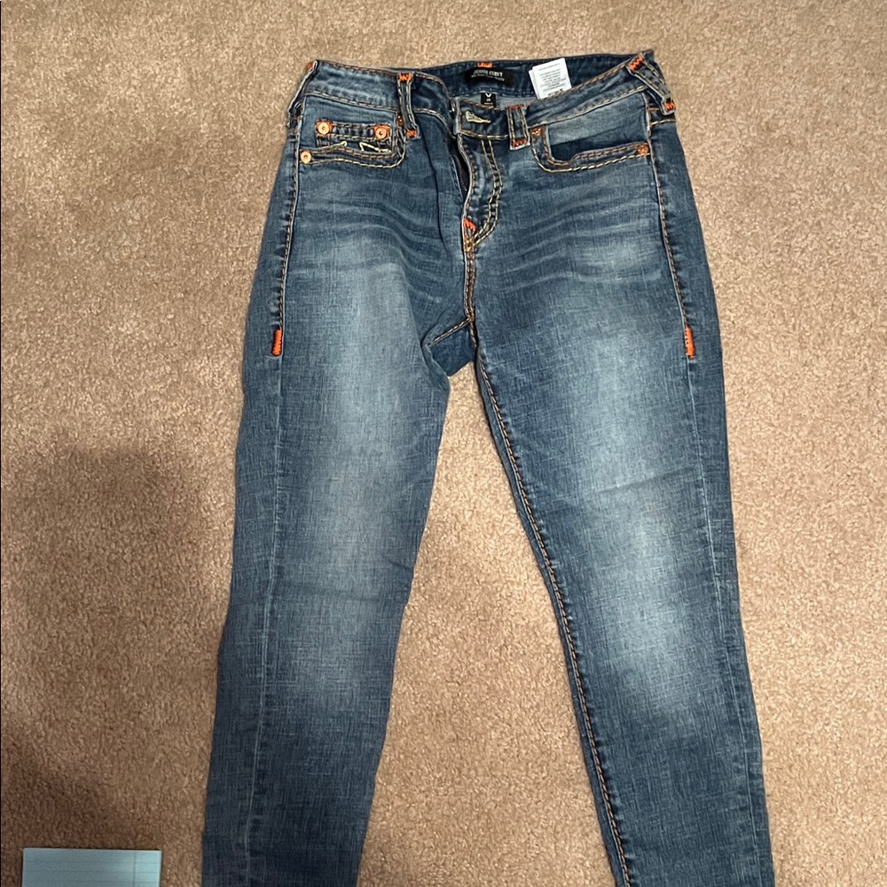 True Religion Women's Dark Blue Skinny Jeans with Orange Accents